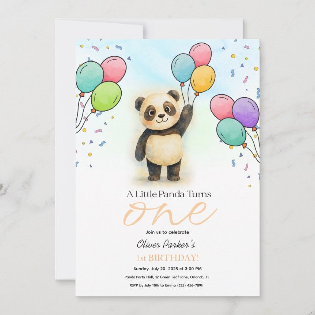 Cute Baby Panda Balloon 1st Birthday Party Peach Inbjudningar (Framsida)