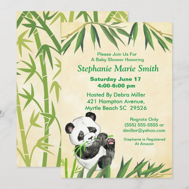 Cute Baby Panda Grönt Bamboo Baby Shower Inbjudningar (Fram/baksida)