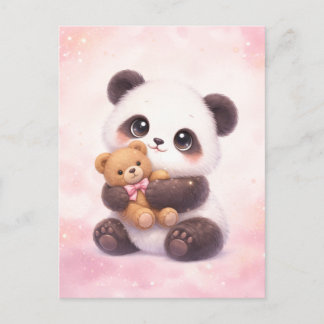 Cute Baby Panda Hugging Teddy Bear Postcard Vykort