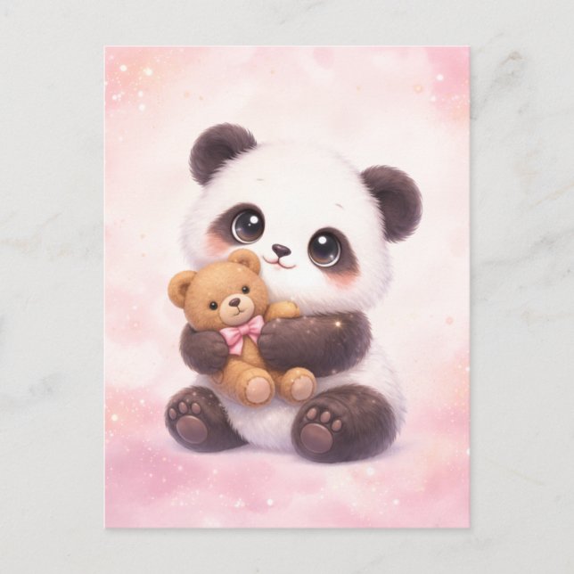 Cute Baby Panda Hugging Teddy Bear Postcard Vykort (Framsida)