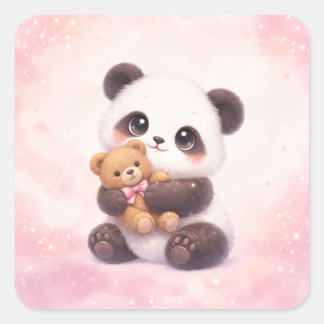 Cute Baby Panda Hugging Teddy Bear Square Sticker Fyrkantigt Klistermärke