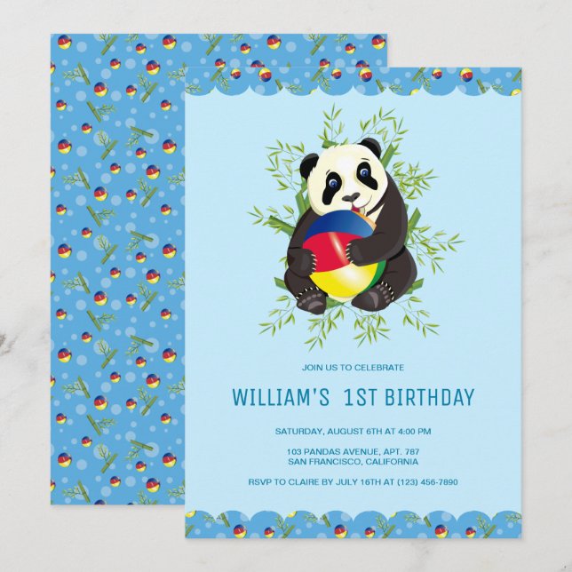 Cute Baby Panda spelar Boll 1:a födelsedagen Party Inbjudningar (Fram/baksida)