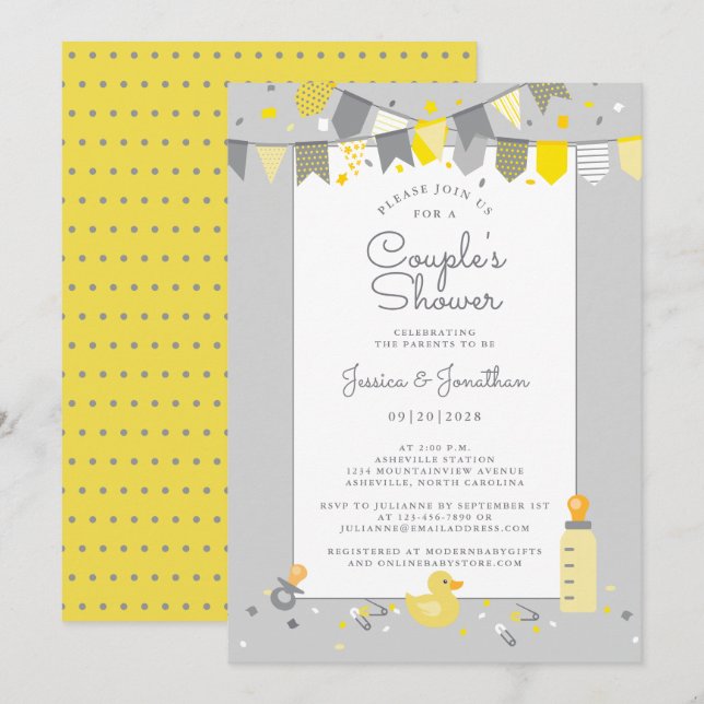 Cute Baby Par Shower Gult Grått Banner Modern Inbjudningar (Fram/baksida)