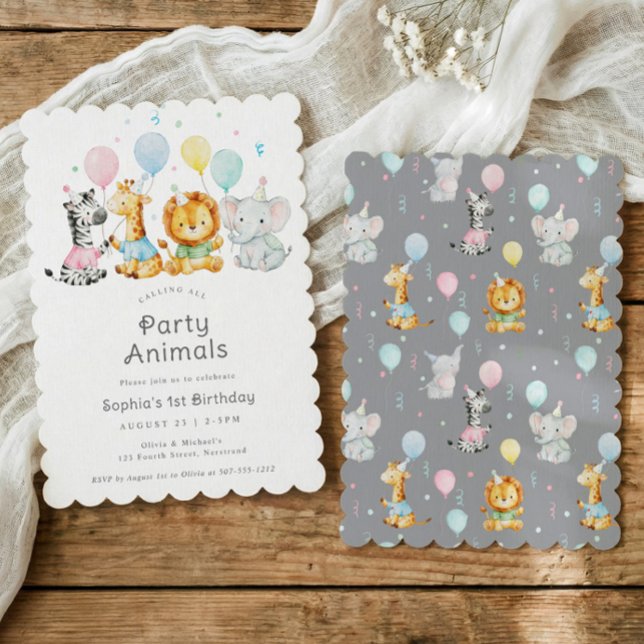 Cute Baby Party Animals Kids Birthday Party Inbjudningar (Cute kids birthday invitation with elephant, lion, giraffe and zebra holding balloons)