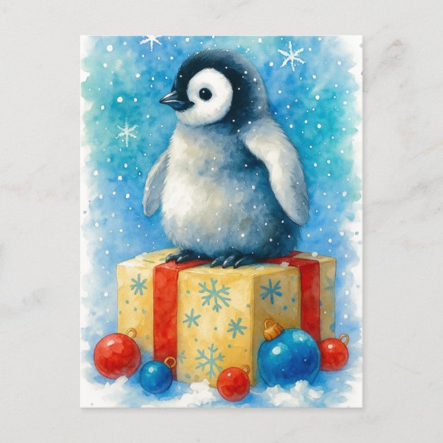 Cute Baby Penguin Christmas Watercolor Postcard Helg Vykort (Framsida)