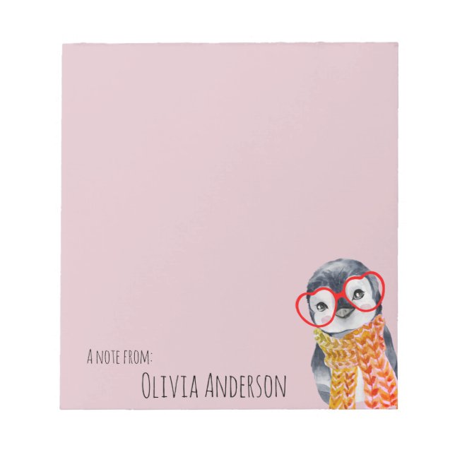 Cute Baby Penguin in in Red Glasses Kids Girly Ros Anteckningsblock (Framsida)