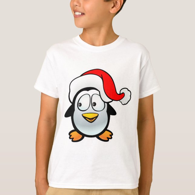 Cute Baby Penguin med Jultomten Hat Tee Shirt (Framsida)