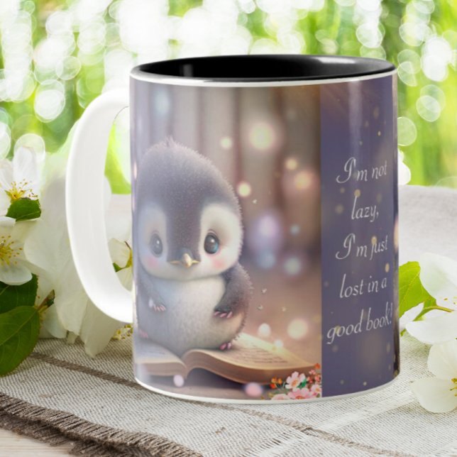 Cute Baby Penguin Reading Bok Funny Quote Anpassni Två-Tonad Mugg (Skapare uppladdad)