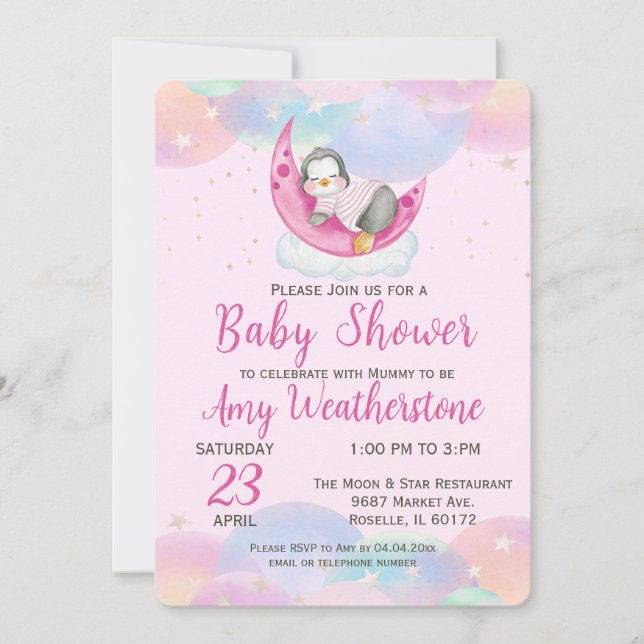 Cute Baby Penguin Rosa Baby Shower Inbjudningar (Framsida)