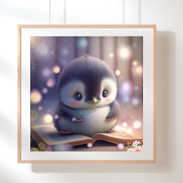 Cute Baby Penguin som läser bok Art Nursery Poster