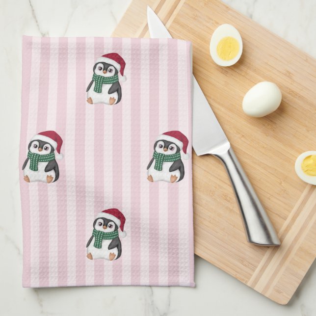 Cute Baby Penguin Wearing Santa Hat Christmas Kökshandduk (Vikt i Fjärdedel)