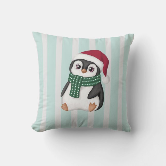 Cute Baby Penguin Wearing Santa Hat Christmas Kudde (Framsida)