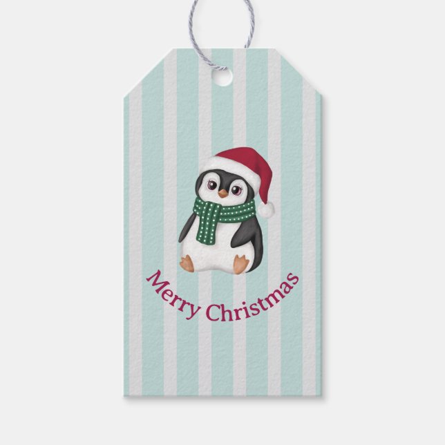 Cute Baby Penguin Wearing Santa Hat Christmas Presentetikett (Framsidan)