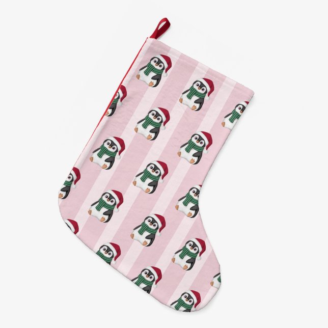 Cute Baby Penguin Wearing Santa Hat Christmas Stor Julstrumpa (Framsidan (Hängande))
