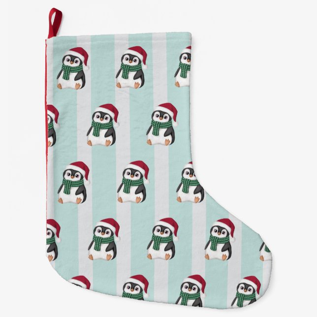 Cute Baby Penguin Wearing Santa Hat Christmas Stor Julstrumpa (Framsidan)