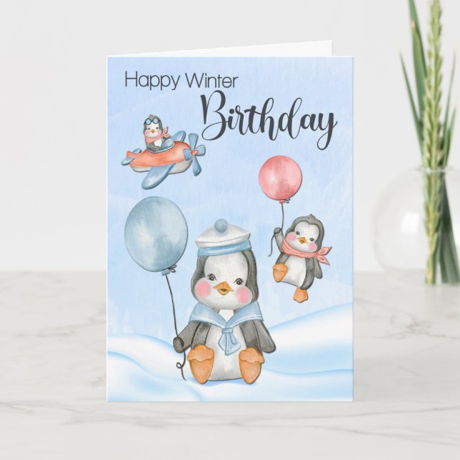 Cute Baby Penguins for Winter Birthday Kort (Framsida)