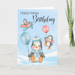 Cute Baby Penguins for Winter Birthday Kort
