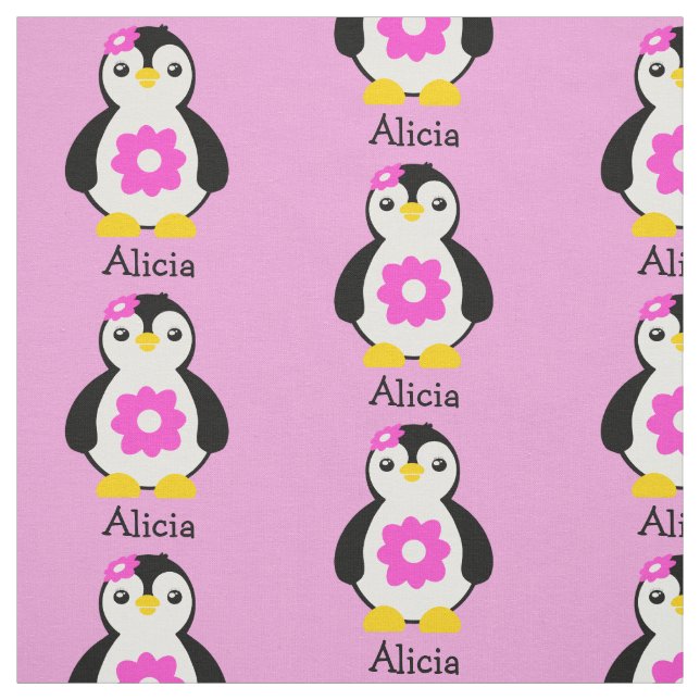 Cute Baby Penguins with Rosa Flowers Tyg (Provkarta)
