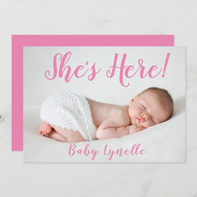 Cute Baby Photo, hon är här, Rosa Meddelande (Fram/baksida)