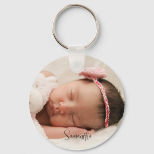 Cute Baby Photo och Namn Script Nyckelring