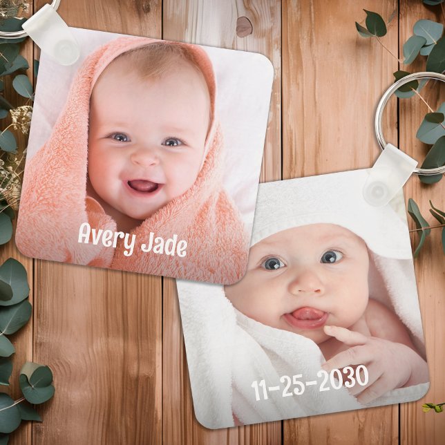 Cute Baby Photo Personlig Namn & Birthday Nyckelring (Skapare uppladdad)