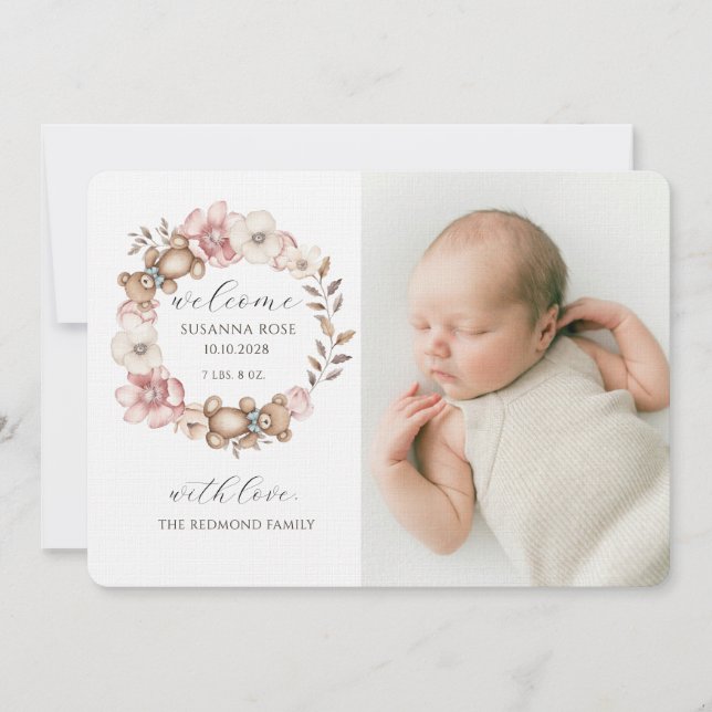 Cute Baby Photo Teddy Bear Wreath Birth Meddelande (Framsida)