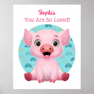 Cute Baby Pig Art, Barnets Namn & Message Poster