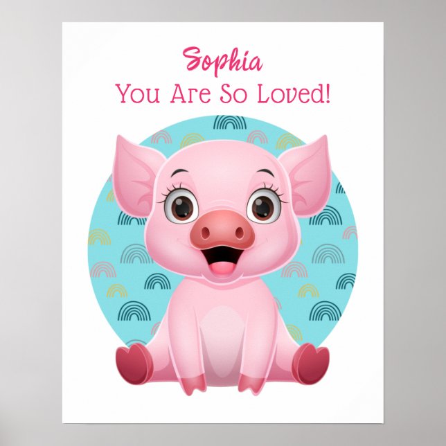 Cute Baby Pig Art, Barnets Namn & Message Poster (Framsidan)