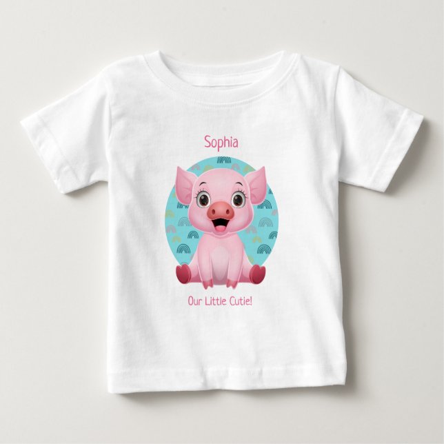 Cute Baby Pig Cartoon, DIY Name & Pink Text T Shirt (Framsida)