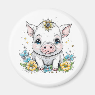 Cute Baby Pig in Flowers Tecknad Magnet
