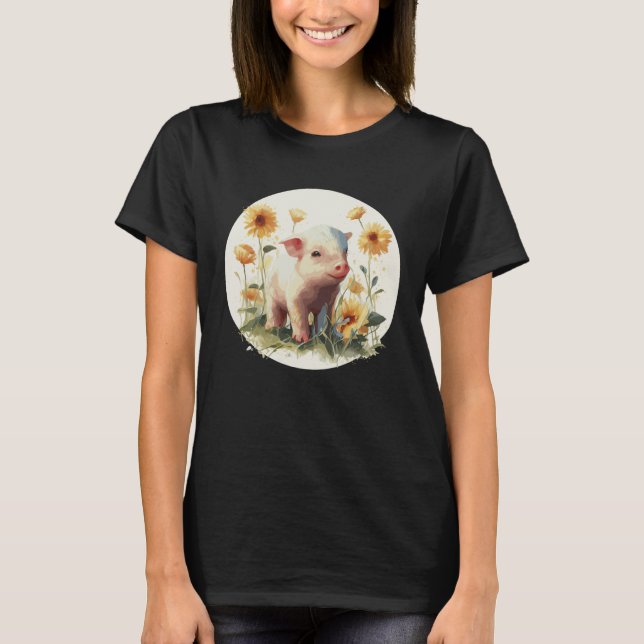 Cute Baby Pig Piglet Sunflower Farm Animal Farmer T Shirt (Framsida)