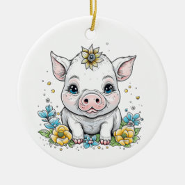 Cute Baby Piglet med blomma på huvudet Julgransprydnad Keramik