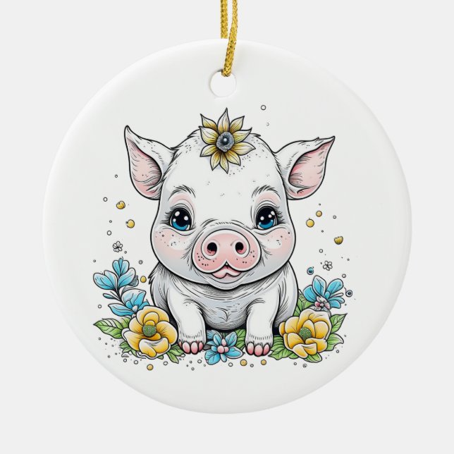Cute Baby Piglet med blomma på huvudet Julgransprydnad Keramik (Framsidan)
