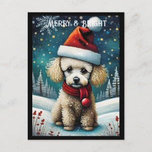 Cute Baby Pudel Snowy Meadow Santa Hund jul Vykort