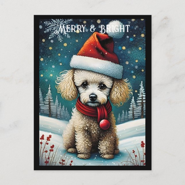 Cute Baby Pudel Snowy Meadow Santa Hund jul Vykort (Framsida)