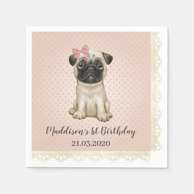Cute Baby Pug Birthday Napkins Pappersservett (Framsidan)