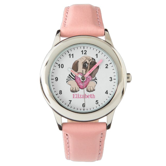 Cute Baby Pug med Rosa Heart Donut Girl's First W Armbandsur (Framsida)