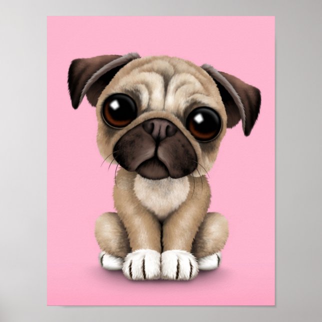 Cute Baby Pug Puppy Hund på Rosa Poster (Framsidan)