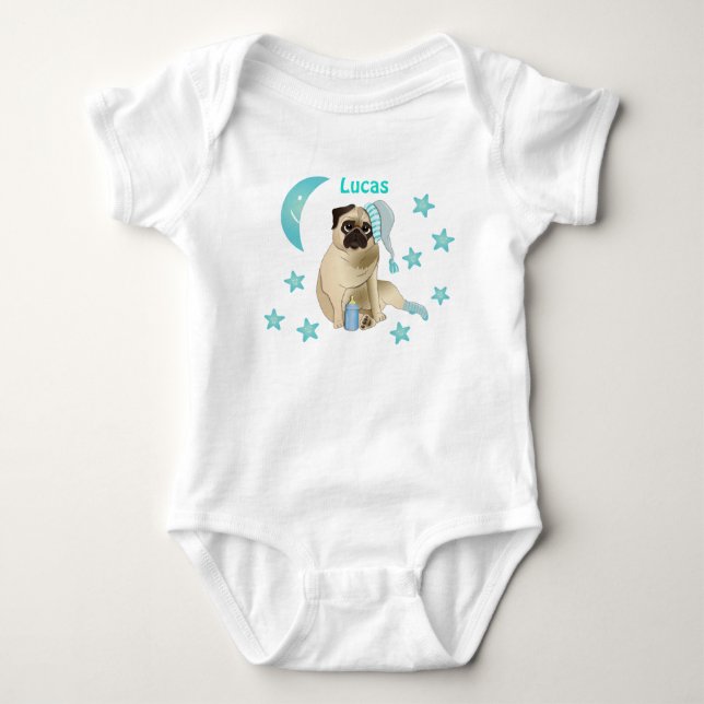 Cute Baby Pug Watercolor Soft Blue Stars T Shirt (Framsida)