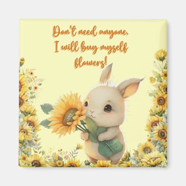Cute Baby Rabbit Holding Solros | Kvadratisk magne Magnet (Framsidan)