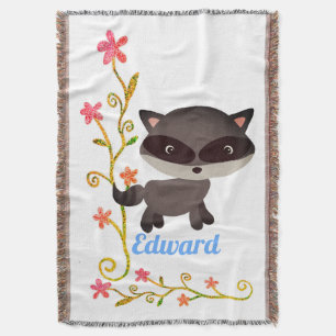 Cute Baby Raccoon med Flowers Filt