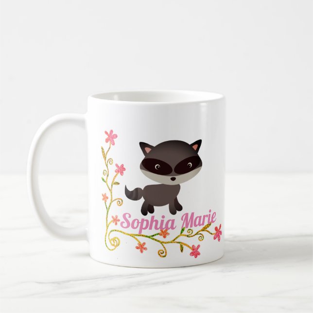 Cute Baby Raccoon med Flowers Kaffemugg (Vänster)