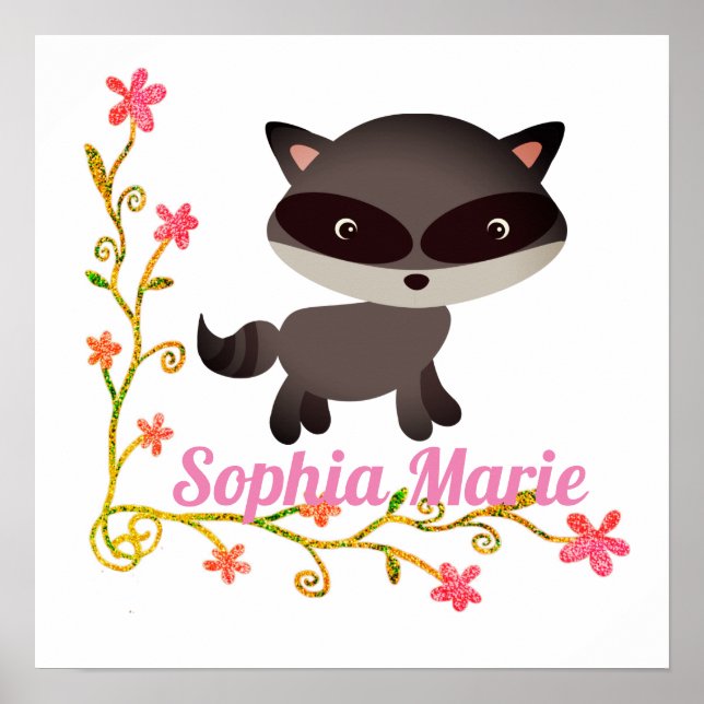 Cute Baby Raccoon med Flowers Poster (Framsidan)