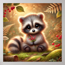 Cute Baby Raccoon med Red Berries - Woodland Fore Poster
