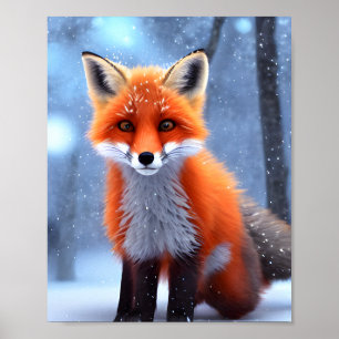 Cute Baby Red Fox i Snö Poster