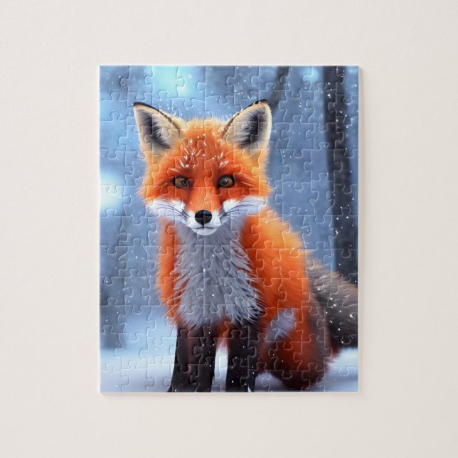 Cute Baby Red Fox i Snö Pussel (Vertikal)