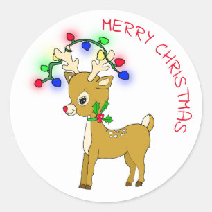 Cute Baby Reindeer med jul Ljus Runt Klistermärke