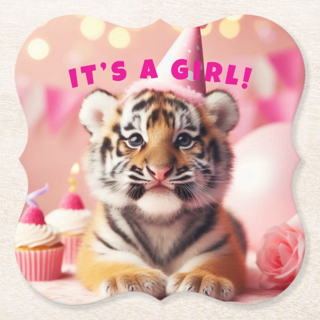 Cute Baby Reveal Girl Rosa Baby Tiger Underlägg Papper (Framsida)