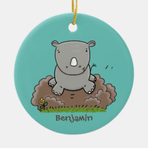 Cute baby rhino tecknad illustration julgransprydnad keramik