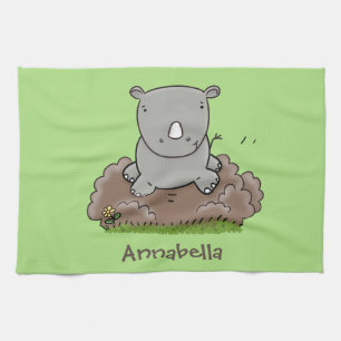 Cute baby rhino tecknad illustration kökshandduk